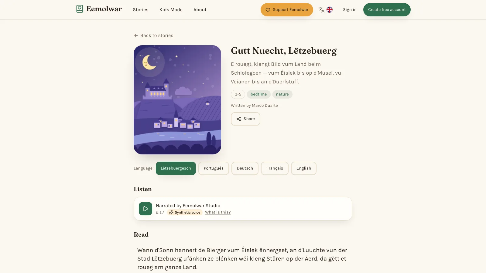 A story page with the audio player and read-along text